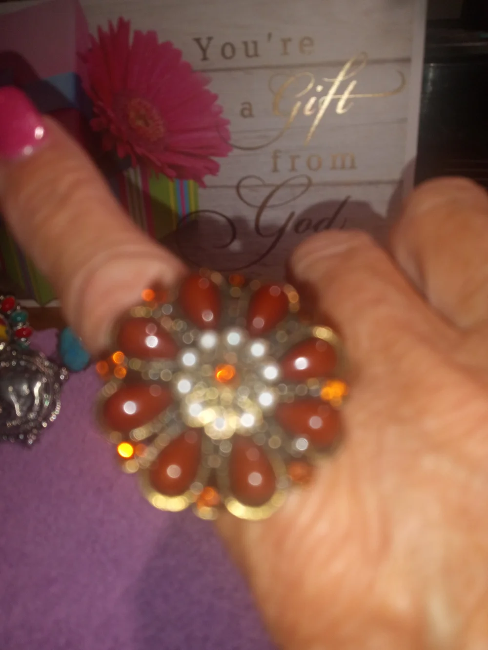 Vintage-Inspired Brown Floral Statement Ring - Unbranded
